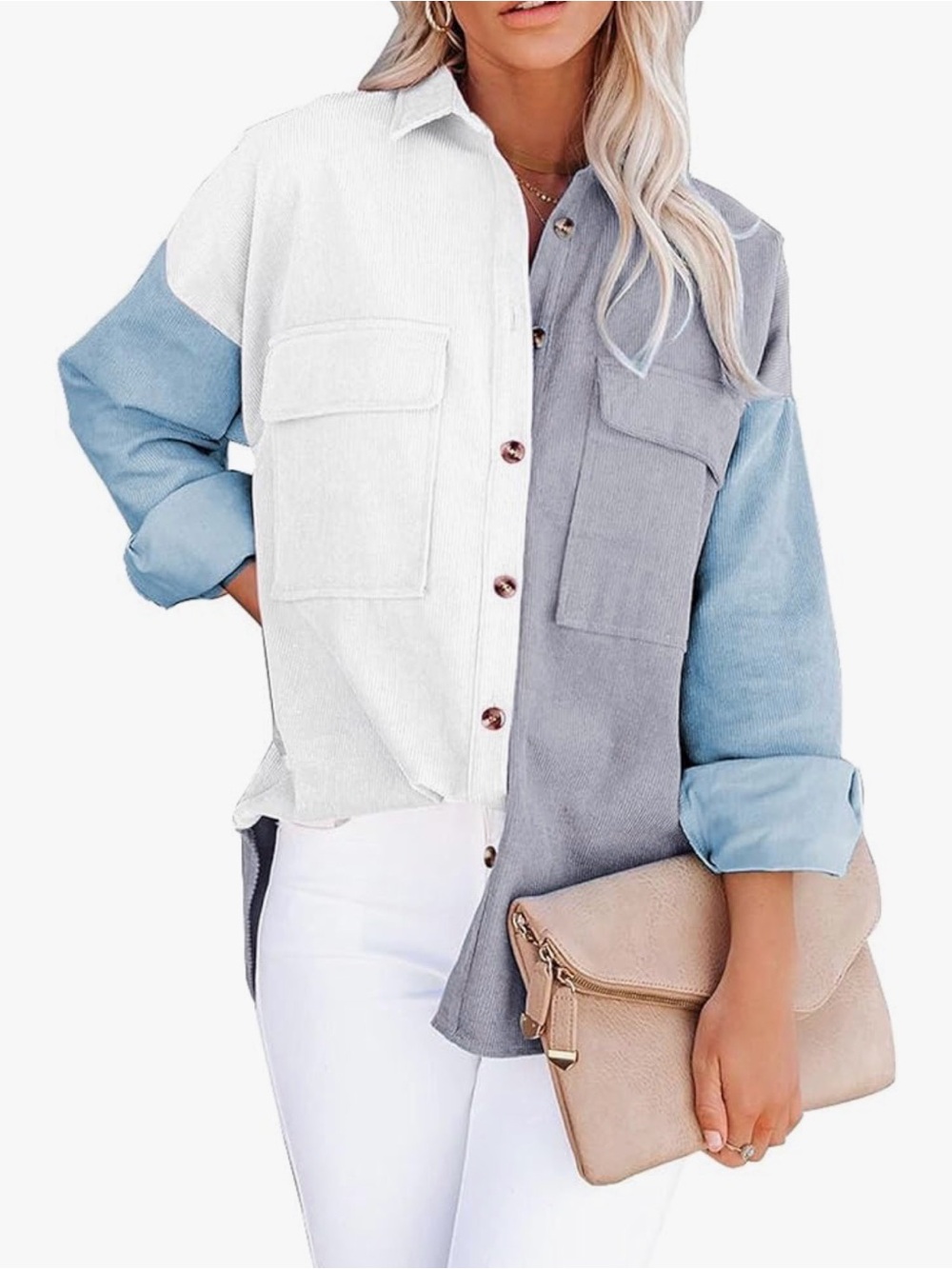 Colorblock Button-Front Shirt Jacket - White, Gray & Light Blue